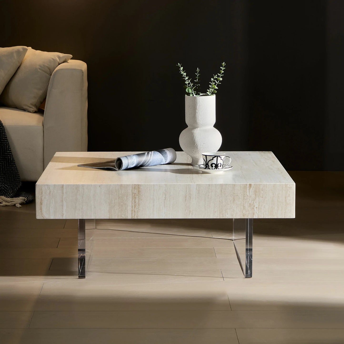 34.65'' Square Faux Travertine Coffee Table with Acrylic Legs, Modern MDF Design