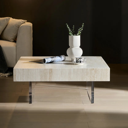 34.65'' Square Faux Travertine Coffee Table with Acrylic Legs, Modern MDF Design