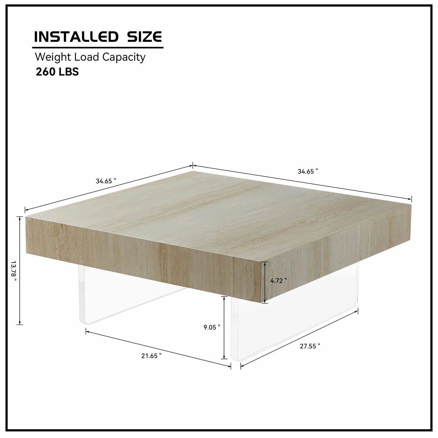 34.65'' Square Faux Travertine Coffee Table with Acrylic Legs, Modern MDF Design