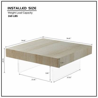 34.65'' Square Faux Travertine Coffee Table with Acrylic Legs, Modern MDF Design