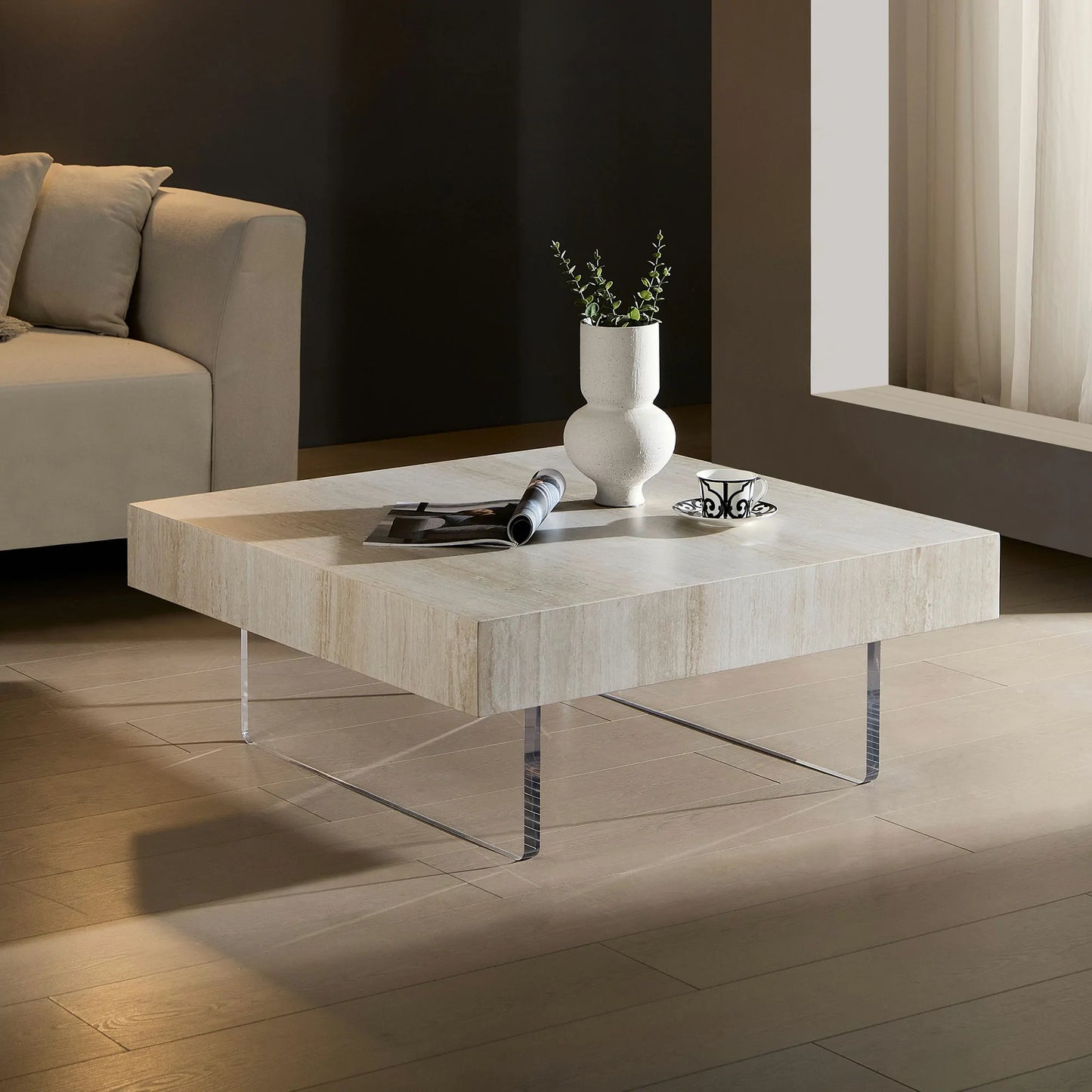 34.65'' Square Faux Travertine Coffee Table with Acrylic Legs, Modern MDF Design