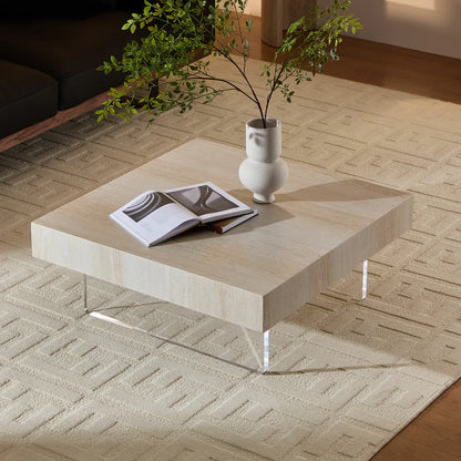 34.65'' Square Faux Travertine Coffee Table with Acrylic Legs, Modern MDF Design