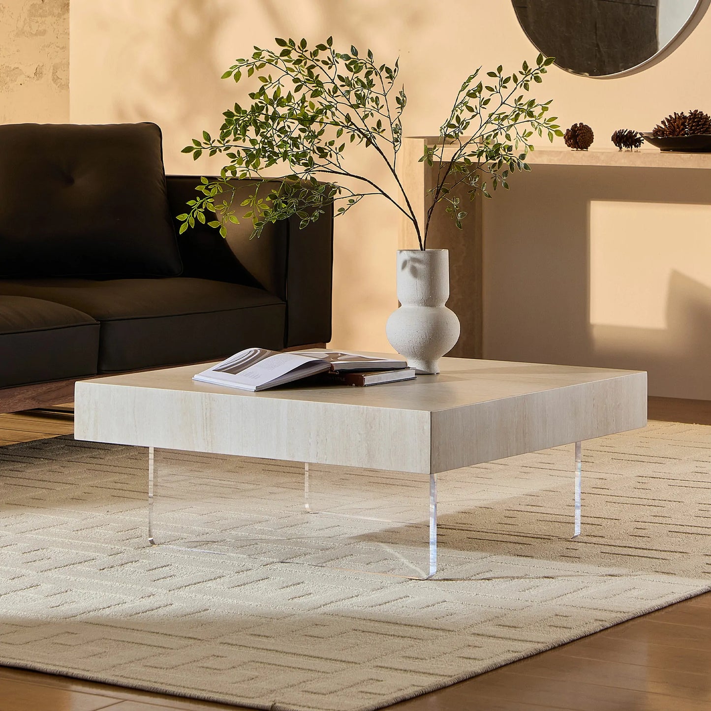 34.65'' Square Faux Travertine Coffee Table with Acrylic Legs, Modern MDF Design