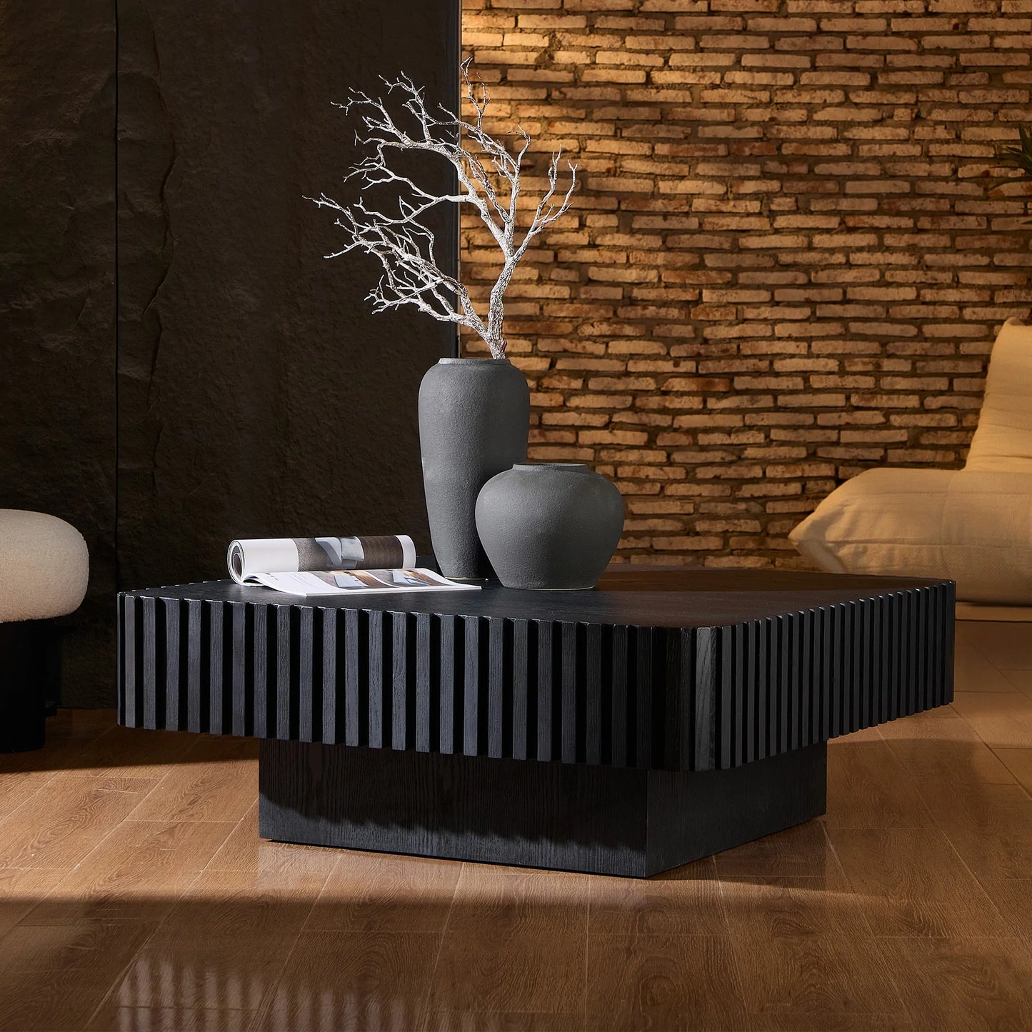 35.43" Handcrafted Square Drum Coffee Table - Modern Wooden Design with Sturdy MDF Pedestal