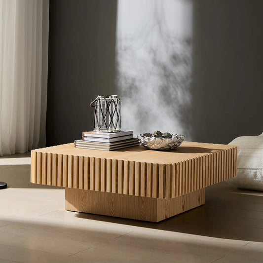 35.43" Handcrafted Square Drum Coffee Table - Modern Wooden Design with Sturdy MDF Pedestal