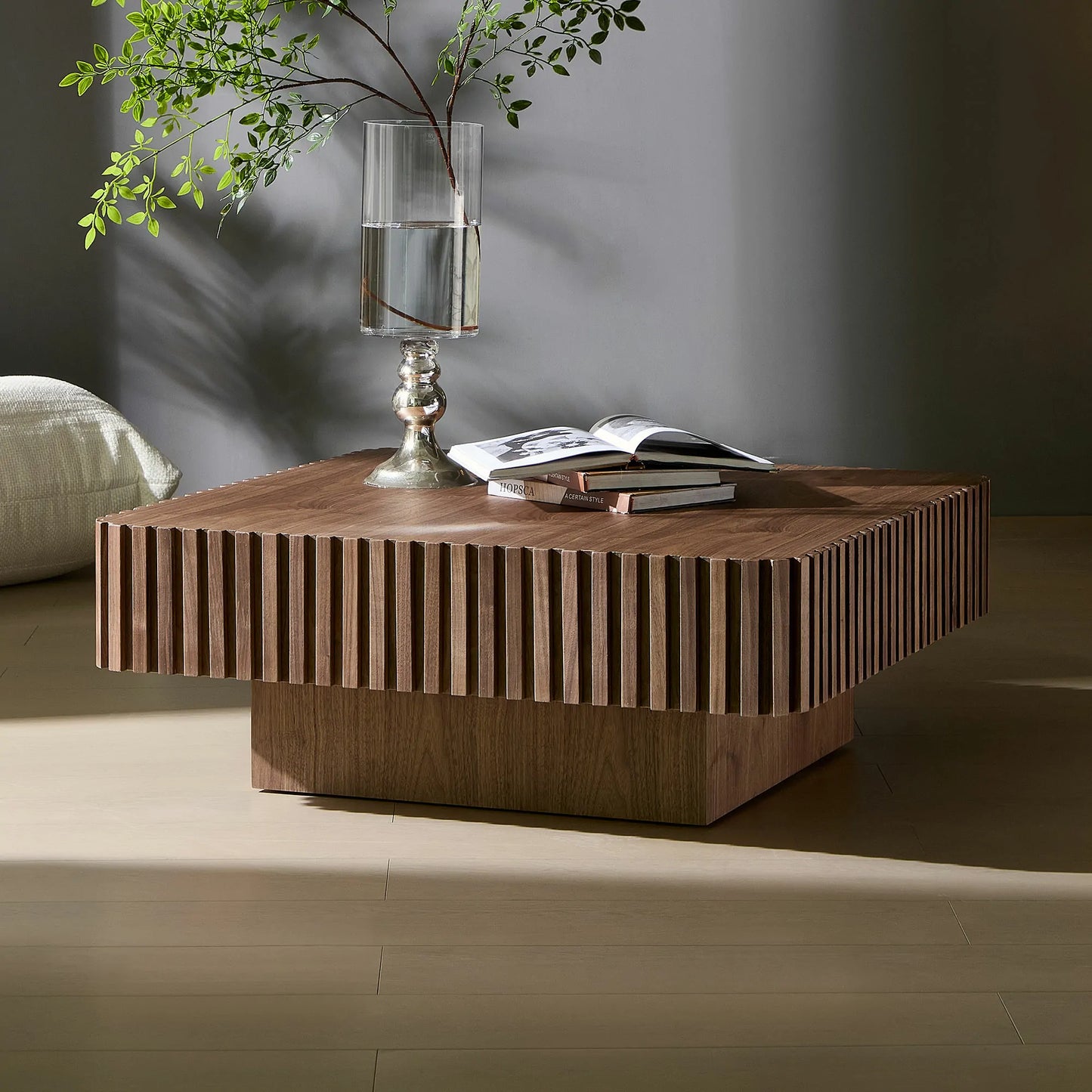 35.43" Handcrafted Square Drum Coffee Table - Modern Wooden Design with Sturdy MDF Pedestal