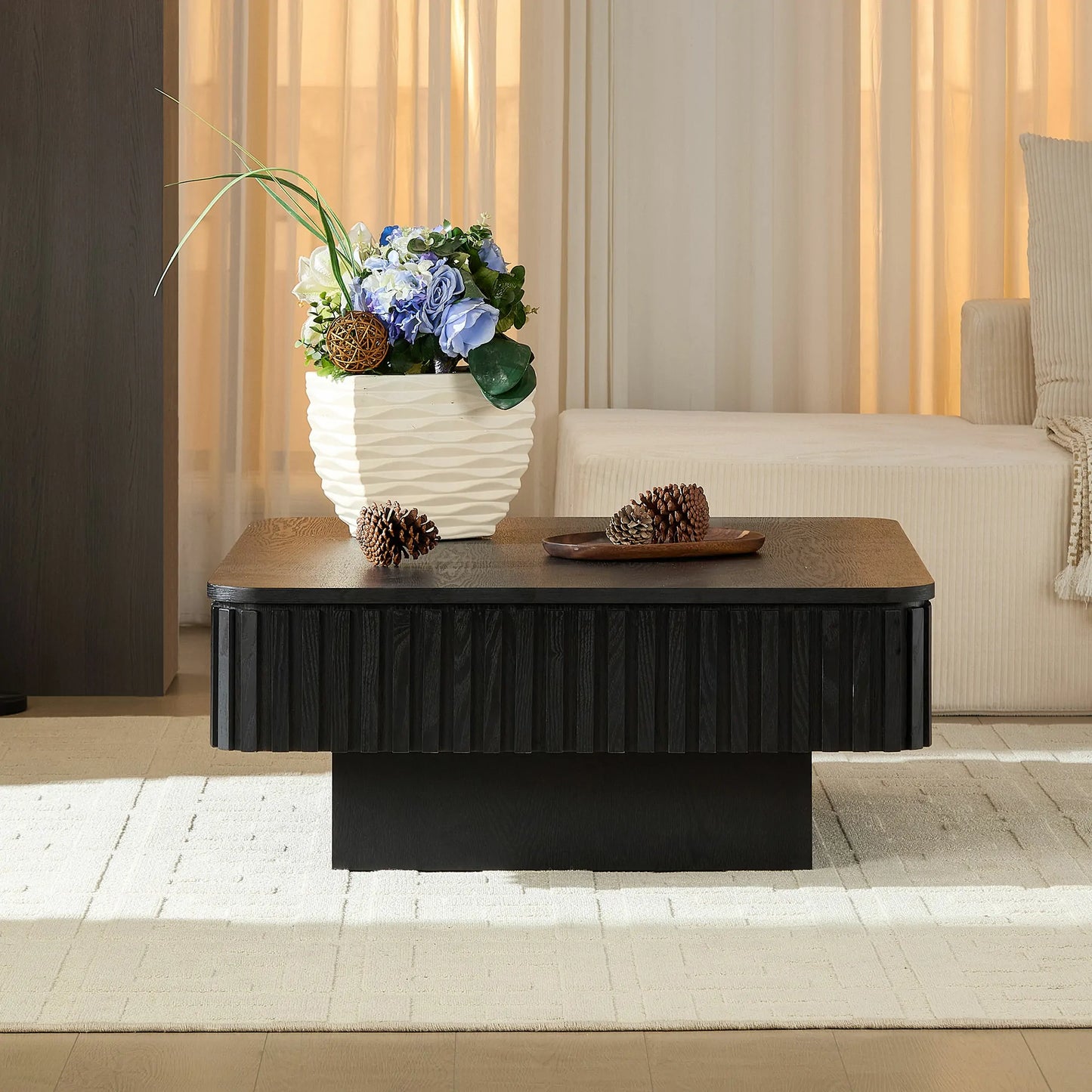 35.43 Inch Modern Handcraft Drum Coffee Table Lift Top Wooden with Hidden Storage Space