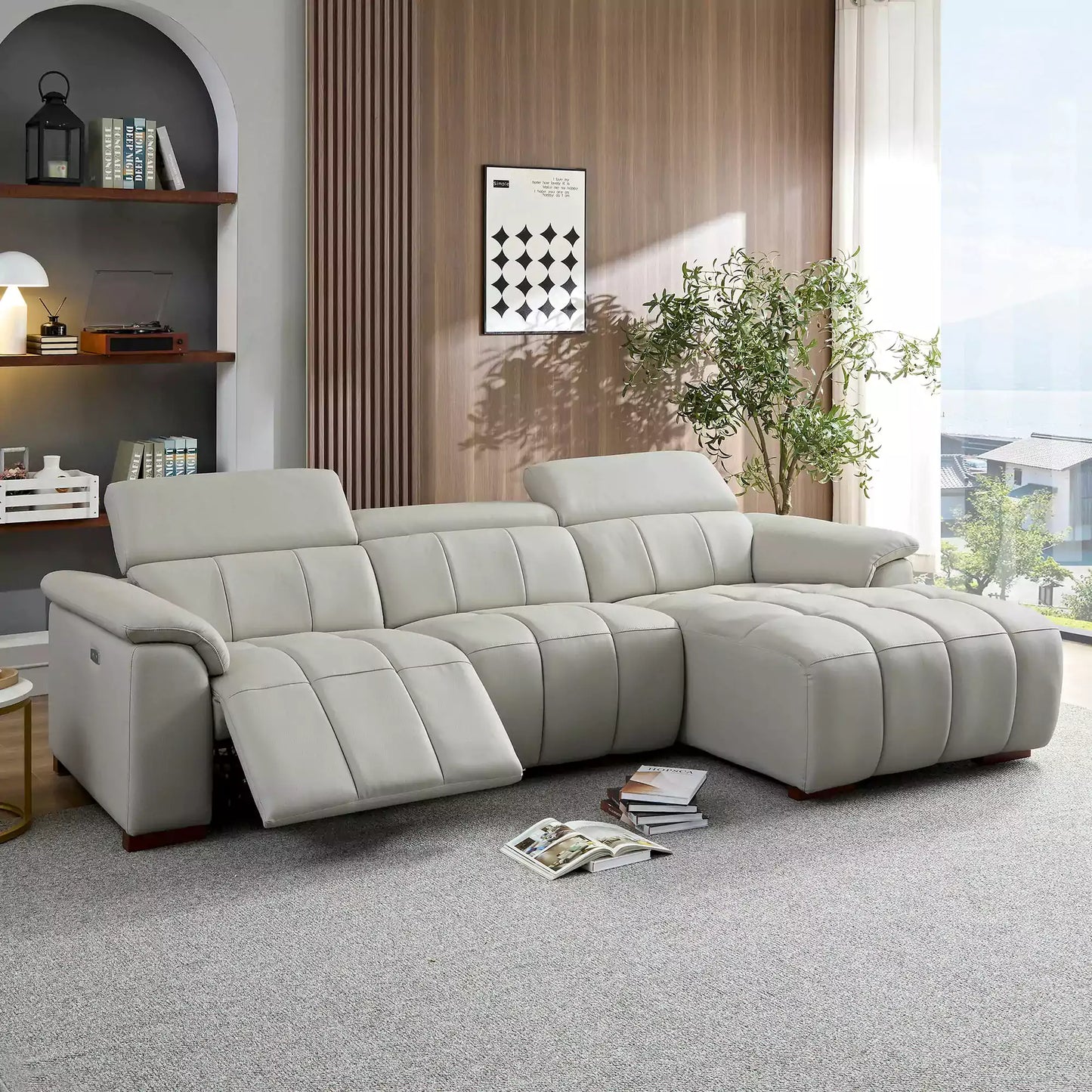3 Seat Modern Electric Control Genuine Leather L Shaped Couch
