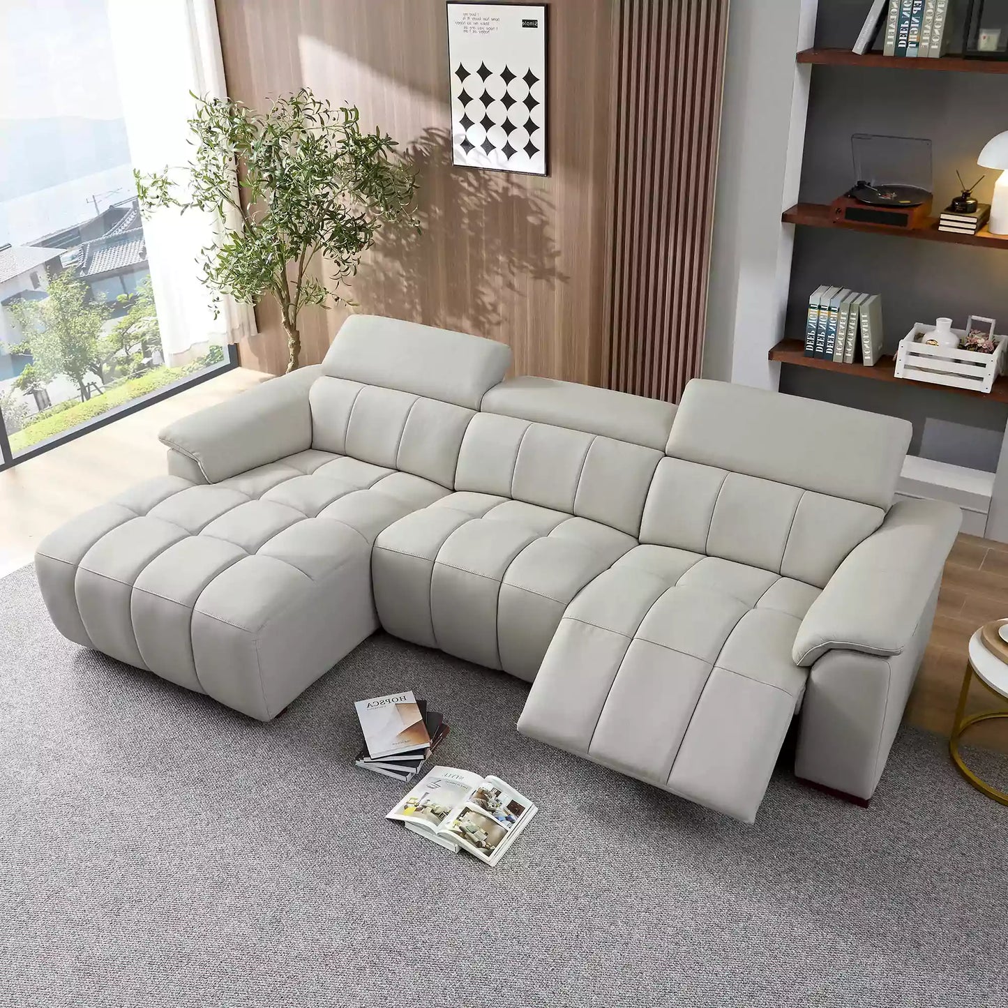 Modern Power Reclining Leather Sofa with Theater Seating & USB Port