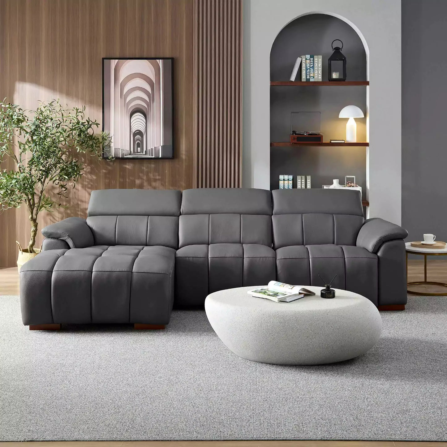 Electric Sofa Left-Facing L-Shaped Leather Recliner with USB Port