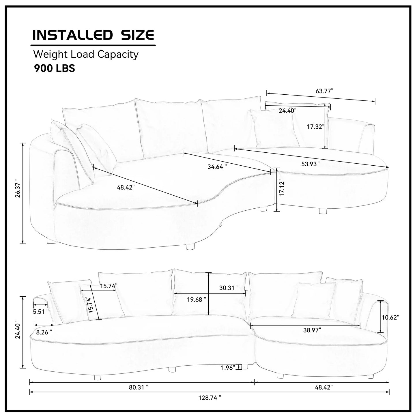 Right-Facing L-Shaped Sectional 128.74 Inch Modern Sectional Curved Sofa Couch