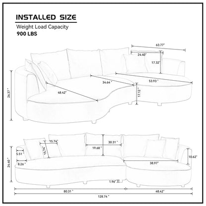 Right-Facing L-Shaped Sectional 128.74 Inch Modern Sectional Curved Sofa Couch