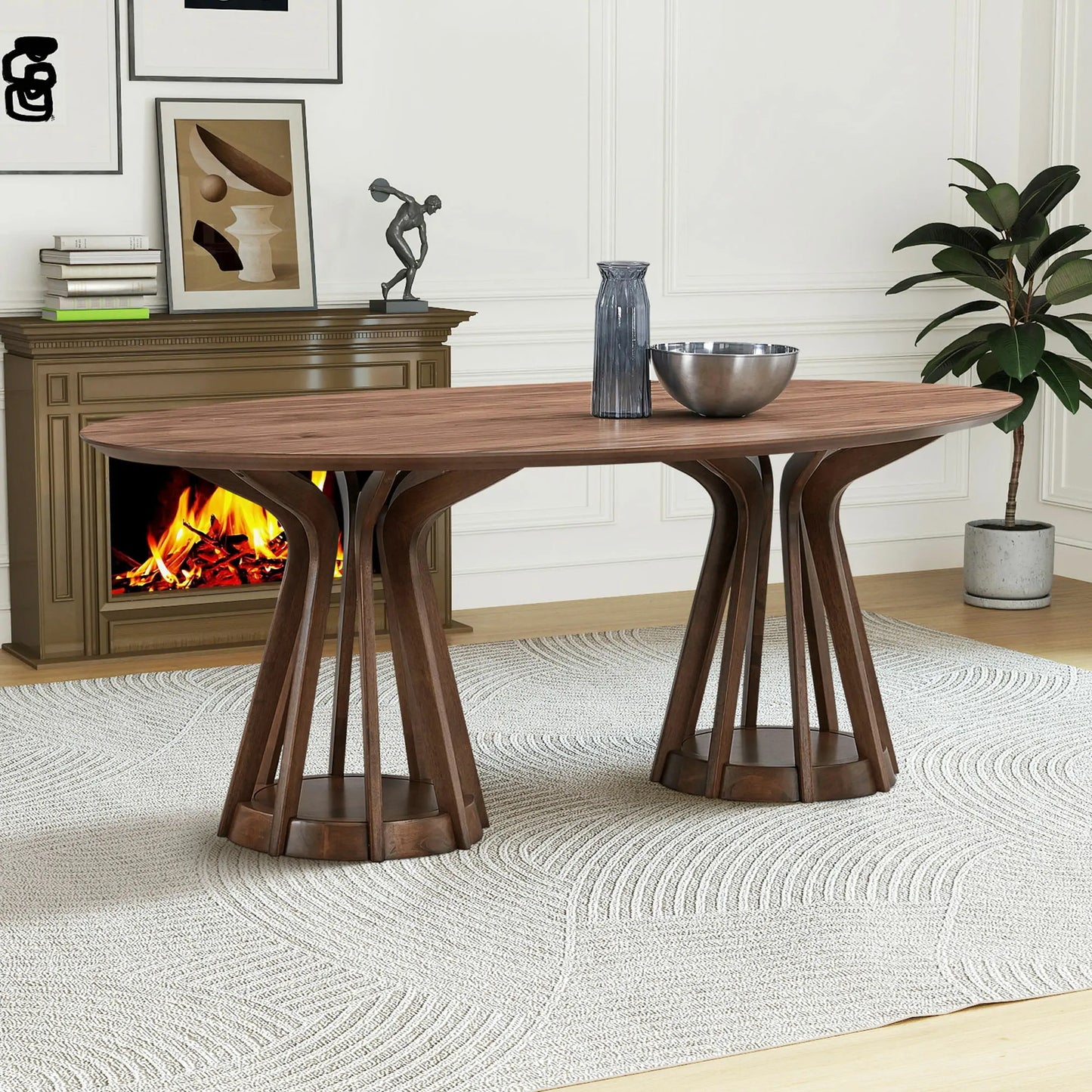 78.74" Ellipse Wooden Dining Table with Pedestal, Walnut/Black