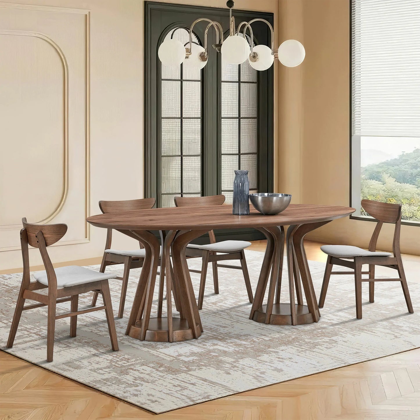78.74" Ellipse Wooden Dining Table with Pedestal, Walnut/Black