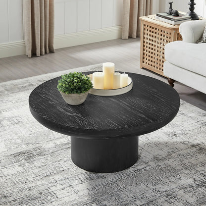 35.98'' Round Wood Veneer Coffee Table with Cylindrical Legs – Modern Side Table