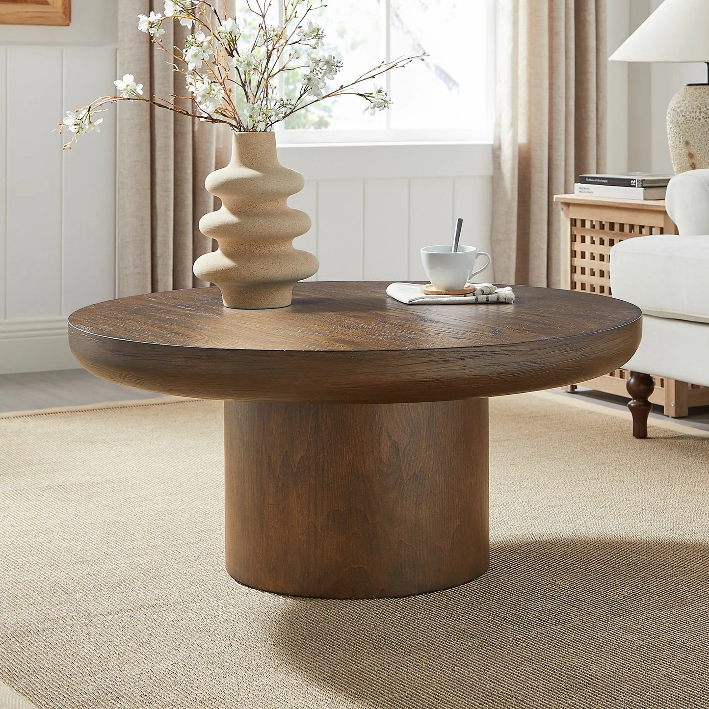 35.98'' Round Wood Veneer Coffee Table with Cylindrical Legs – Modern Side Table