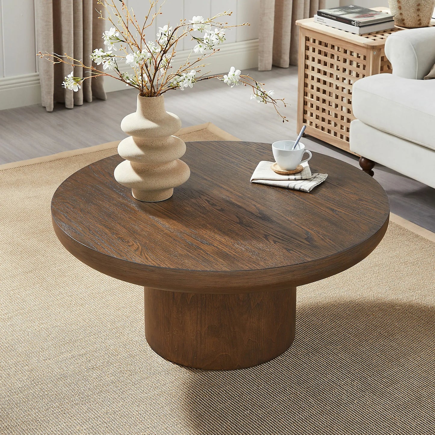 35.98'' Round Wood Veneer Coffee Table with Cylindrical Legs – Modern Side Table