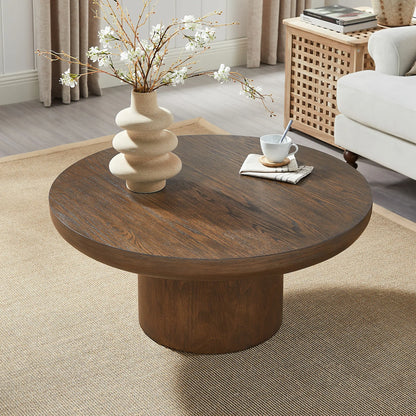 35.98'' Round Wood Veneer Coffee Table with Cylindrical Legs – Modern Side Table