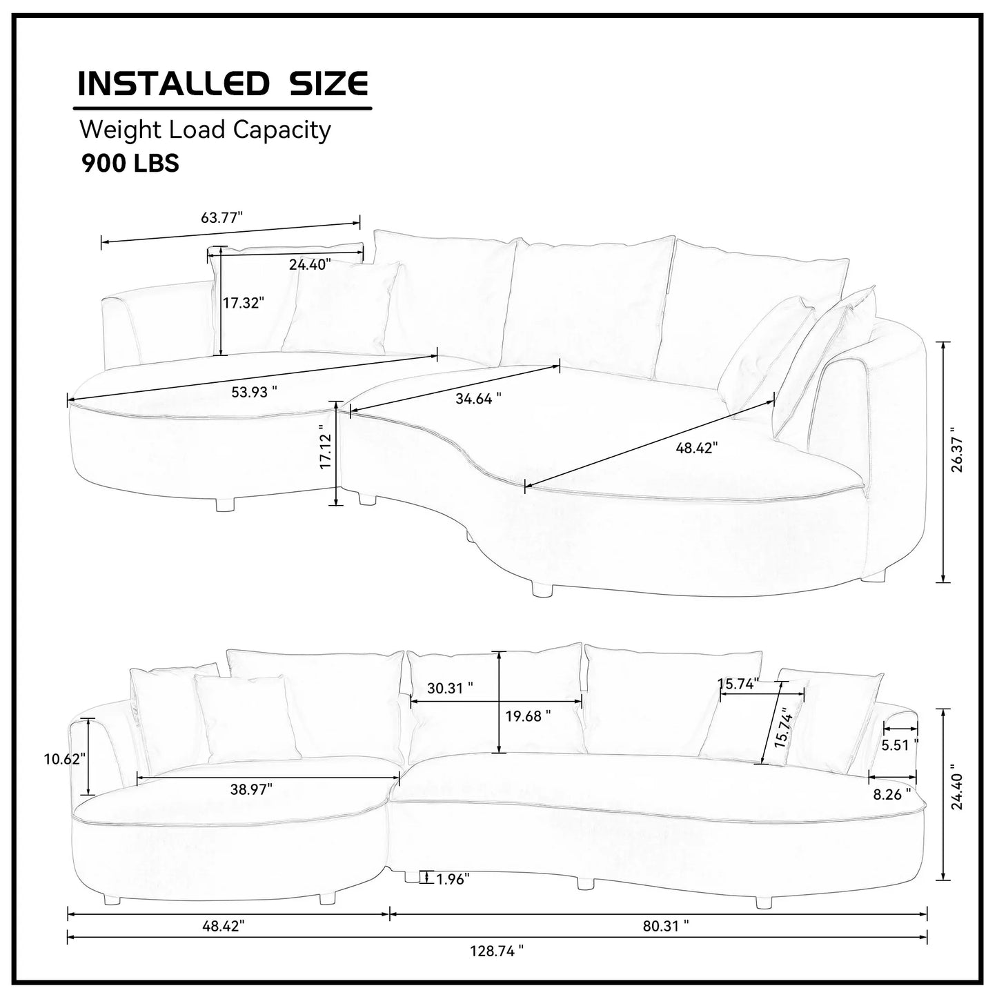 Left-Facing L-Shaped Sectional 128.74 Inch Modern Sectional Curved Sofa Couch