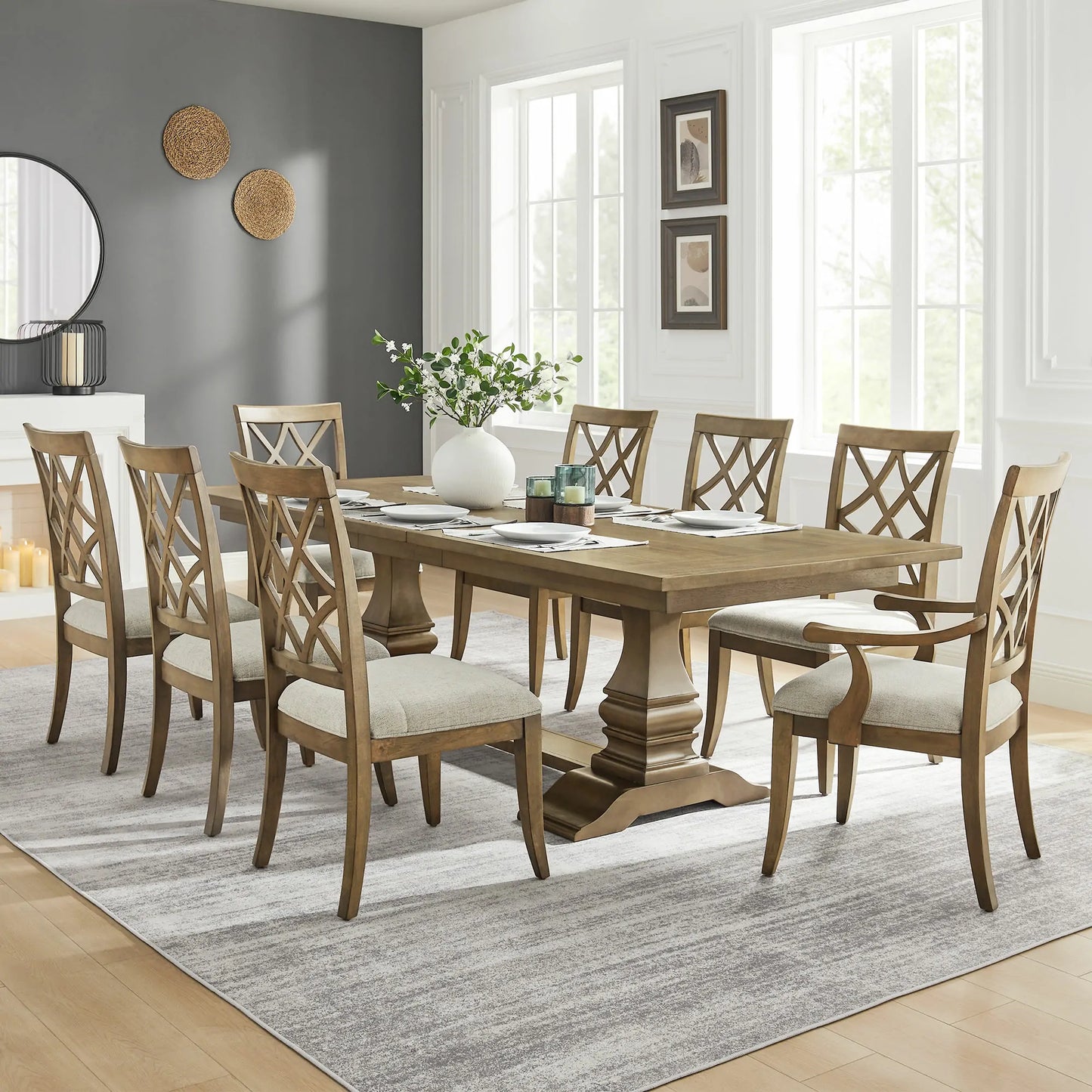 (1 Table + 2 Arm Chairs + 4 Armless Chairs)Retro 102.01 Inch Extendable 7 PCS Wooden Dining Table Set