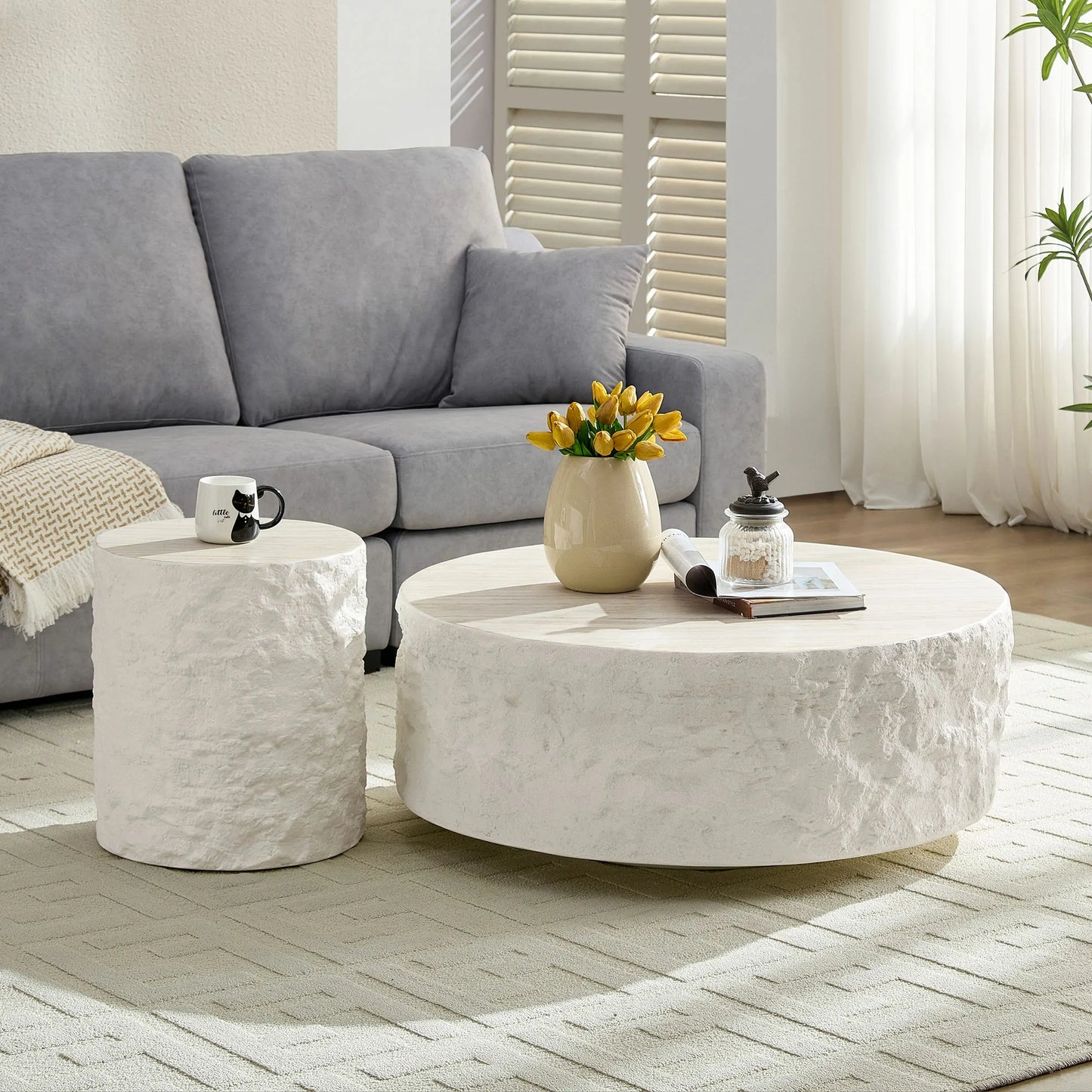 35.43" + 15.74" Fiberglass Round Center Coffee Table Set