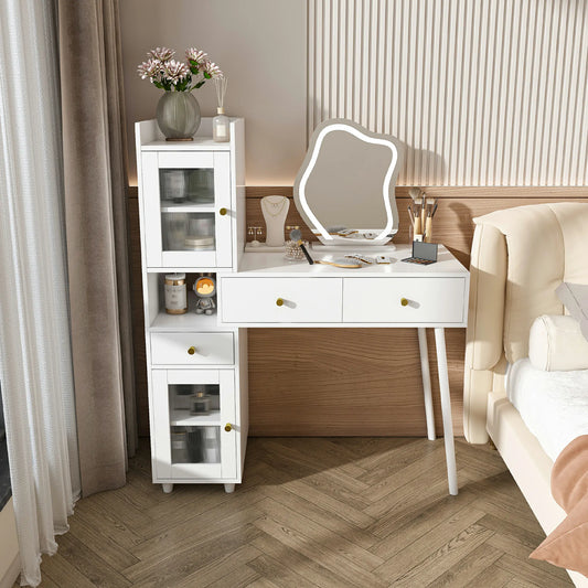 Adjustable LED Mirror Vanity Desk with Hidden Storage & Drawers