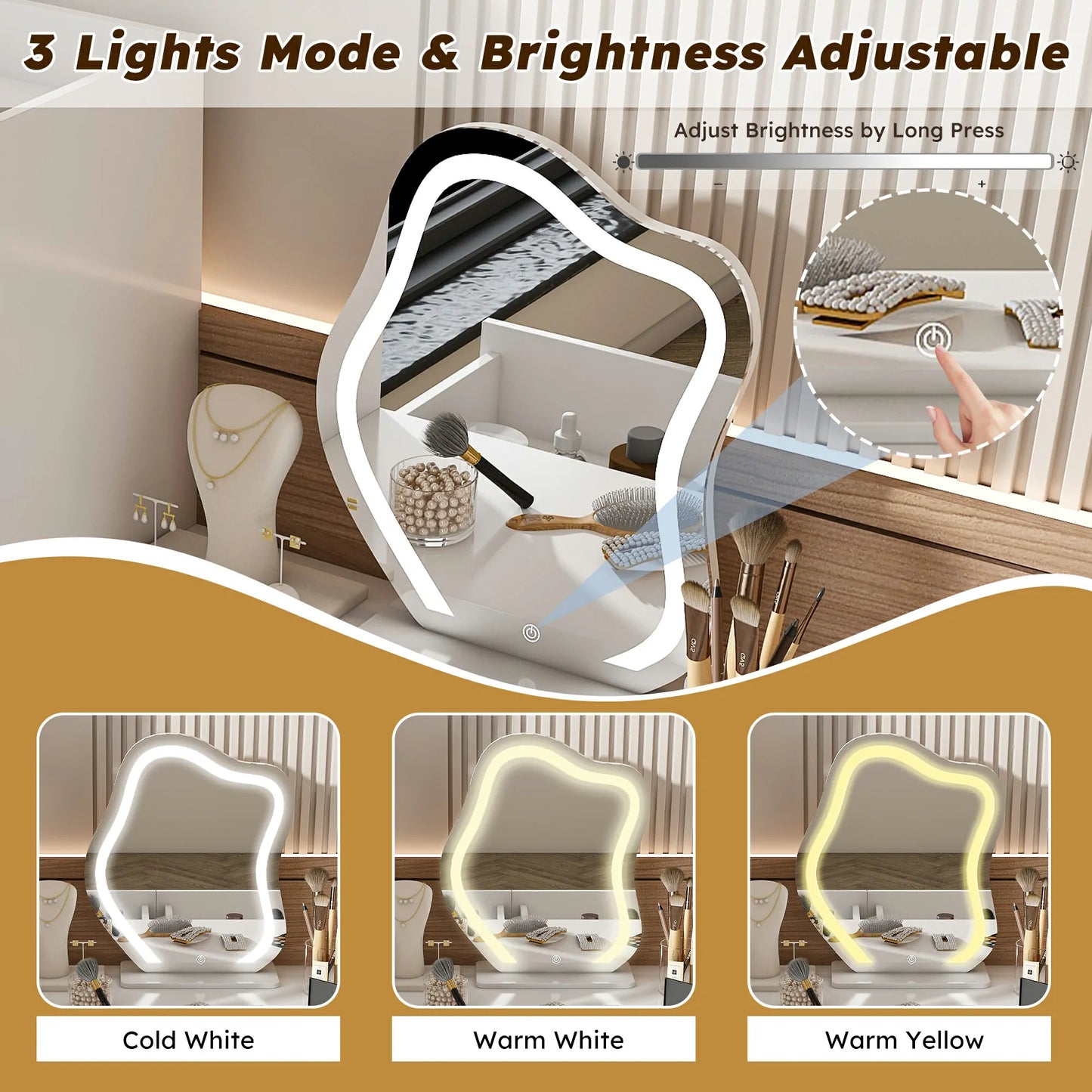 Adjustable LED Mirror Vanity Desk with Hidden Storage & Drawers