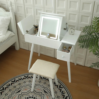 Vanity Desk Set with LED Mirror, Power Outlet & Storage