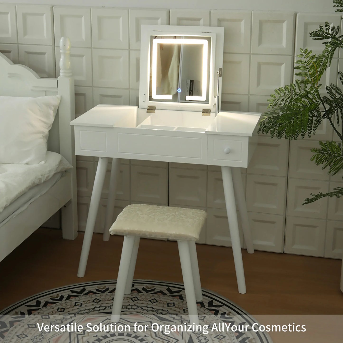 Vanity Desk Set with LED Mirror, Power Outlet & Storage
