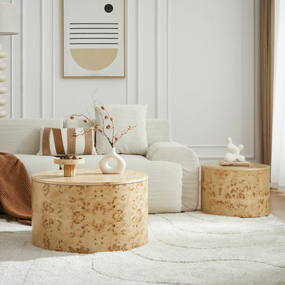 2-Piece Nested Round Coffee Table Set - Burl Wood Veneer MDF