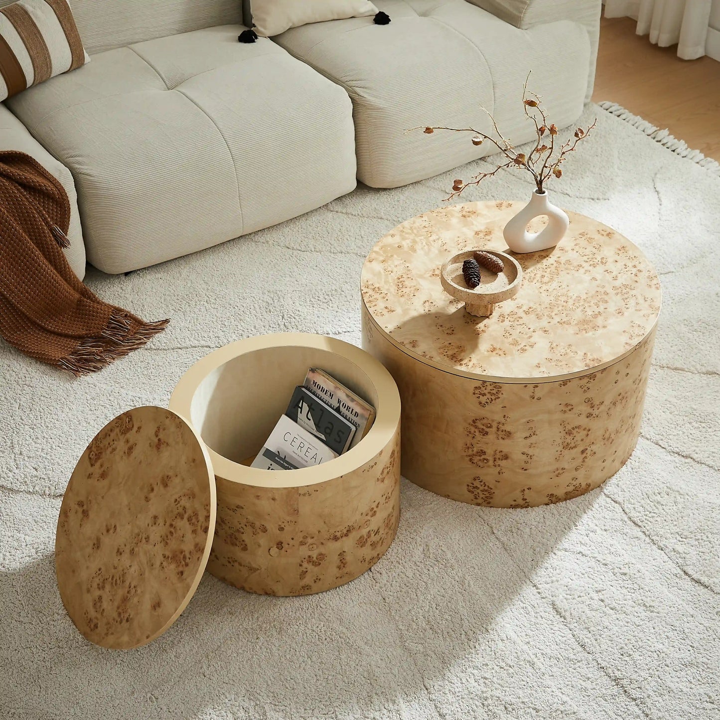 2-Piece Nested Round Coffee Table Set - Burl Wood Veneer MDF