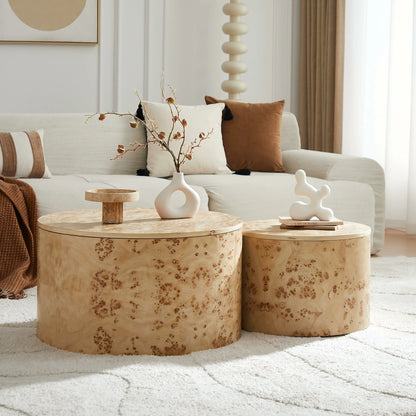 2-Piece Nested Round Coffee Table Set - Burl Wood Veneer MDF