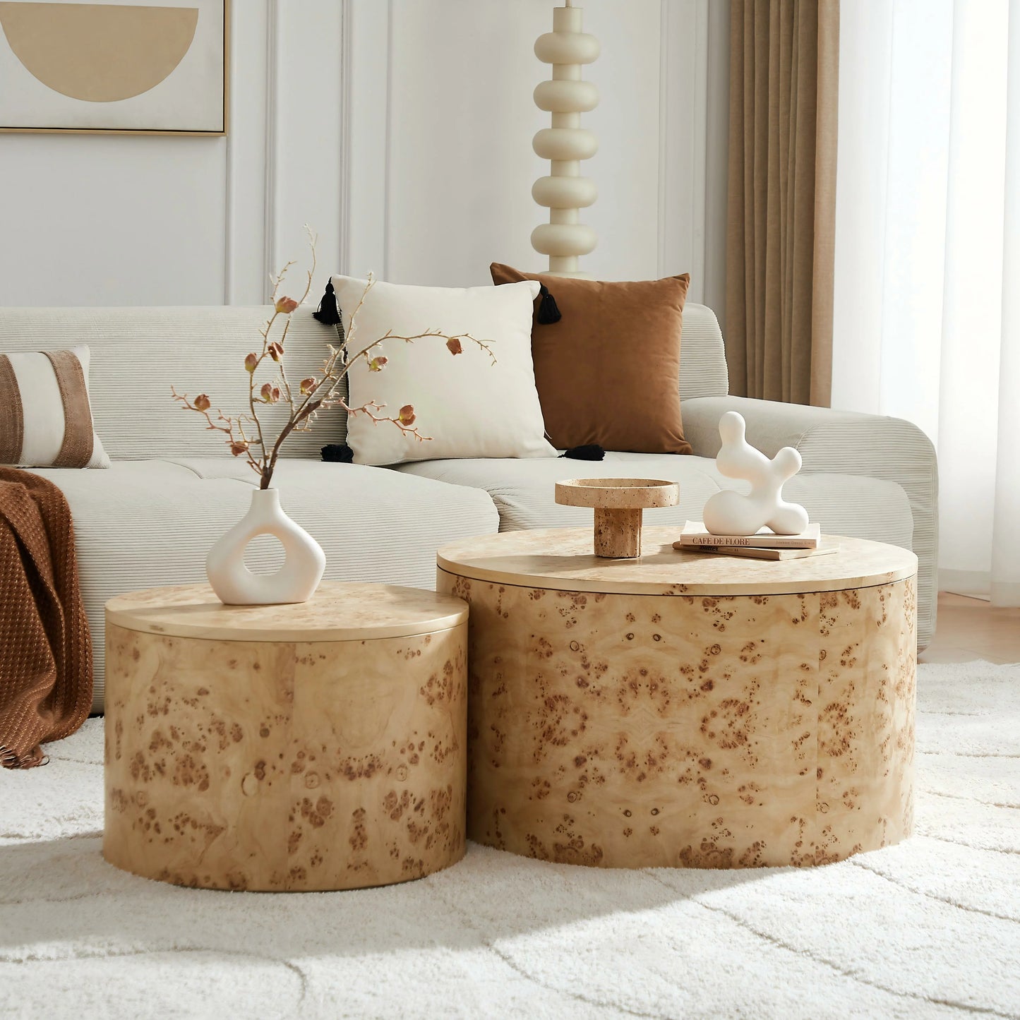 2-Piece Nested Round Coffee Table Set - Burl Wood Veneer MDF