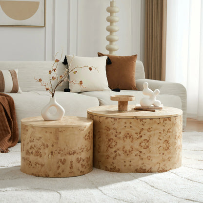 2-Piece Nested Round Coffee Table Set - Burl Wood Veneer MDF