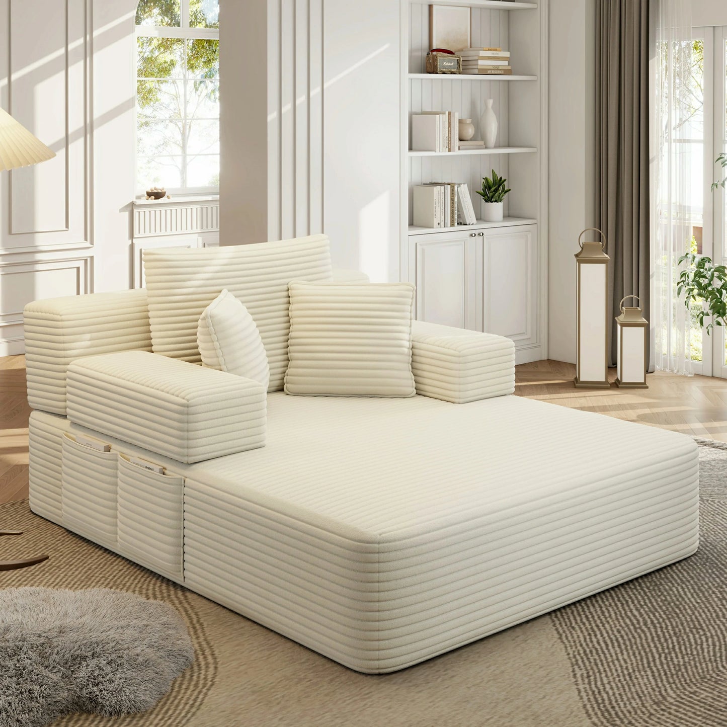 Plush Corduroy Chaise Lounge – Convertible Sofa Bed, Frameless