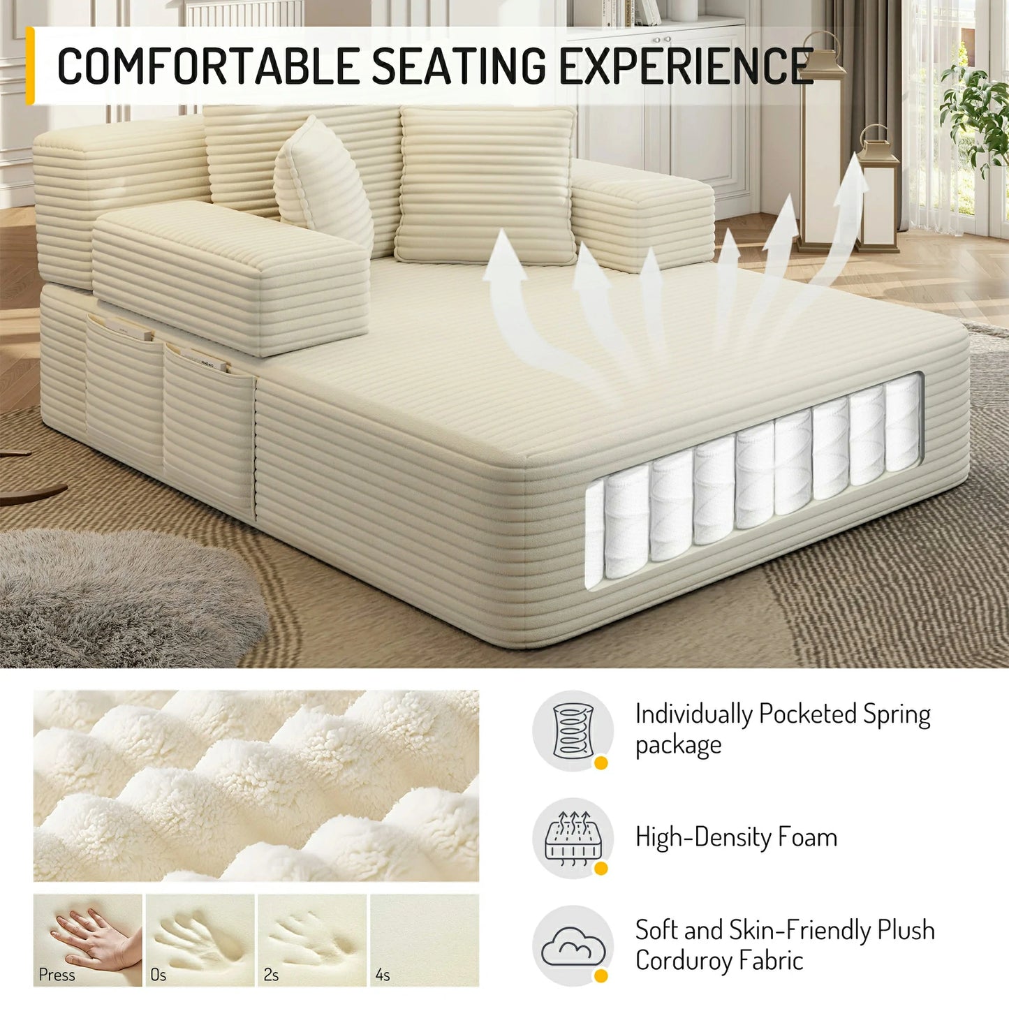 Plush Corduroy Chaise Lounge – Convertible Sofa Bed, Frameless