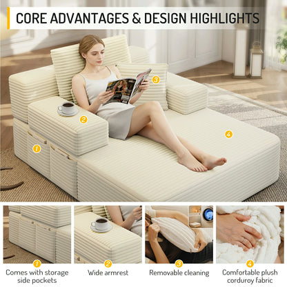 Plush Corduroy Chaise Lounge – Convertible Sofa Bed, Frameless