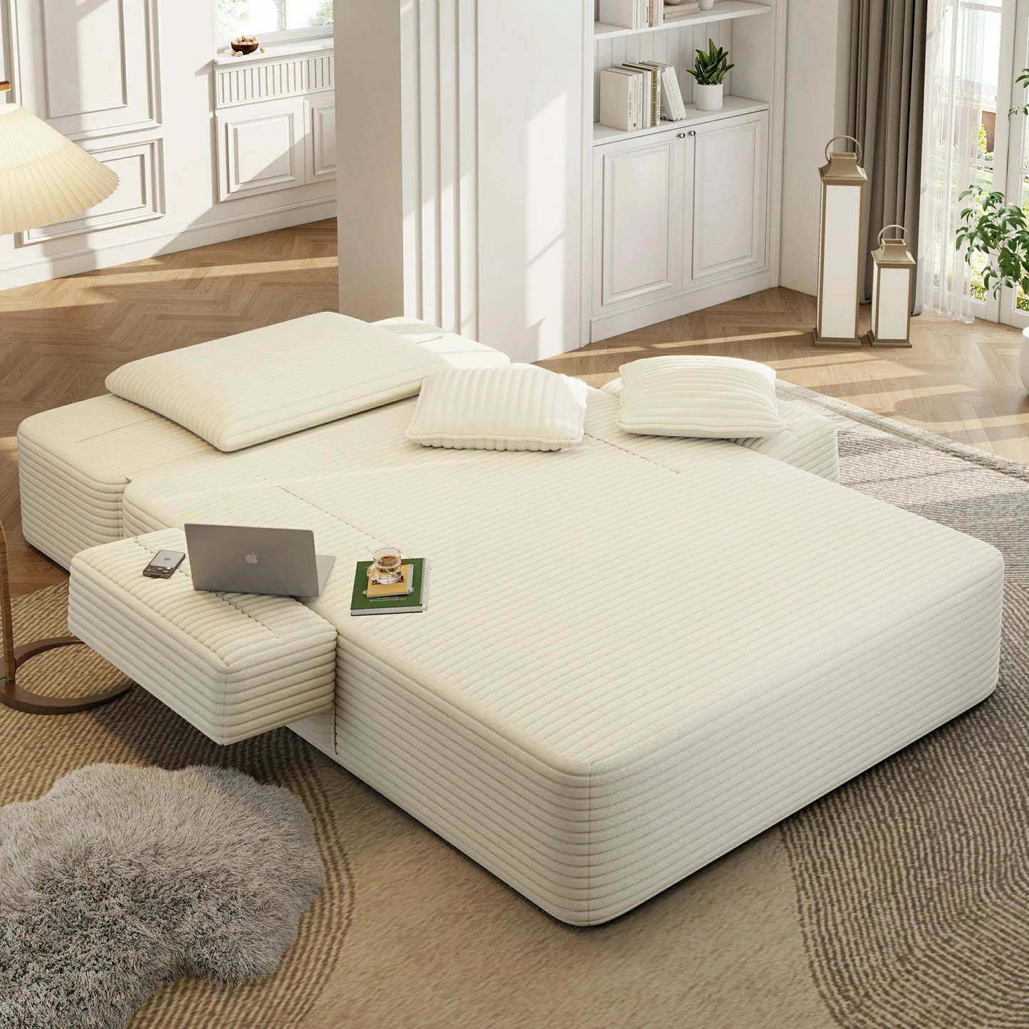 Plush Corduroy Chaise Lounge – Convertible Sofa Bed, Frameless