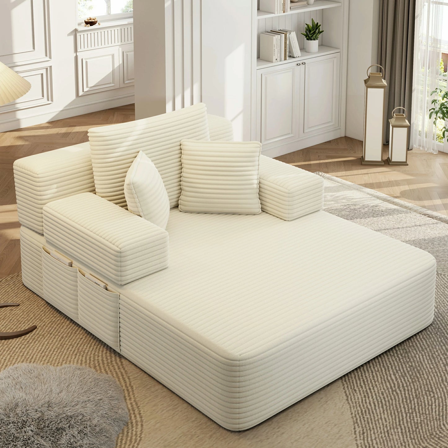 Plush Corduroy Chaise Lounge – Convertible Sofa Bed, Frameless