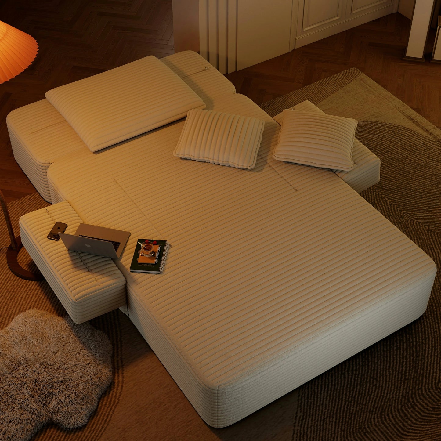 Plush Corduroy Chaise Lounge – Convertible Sofa Bed, Frameless