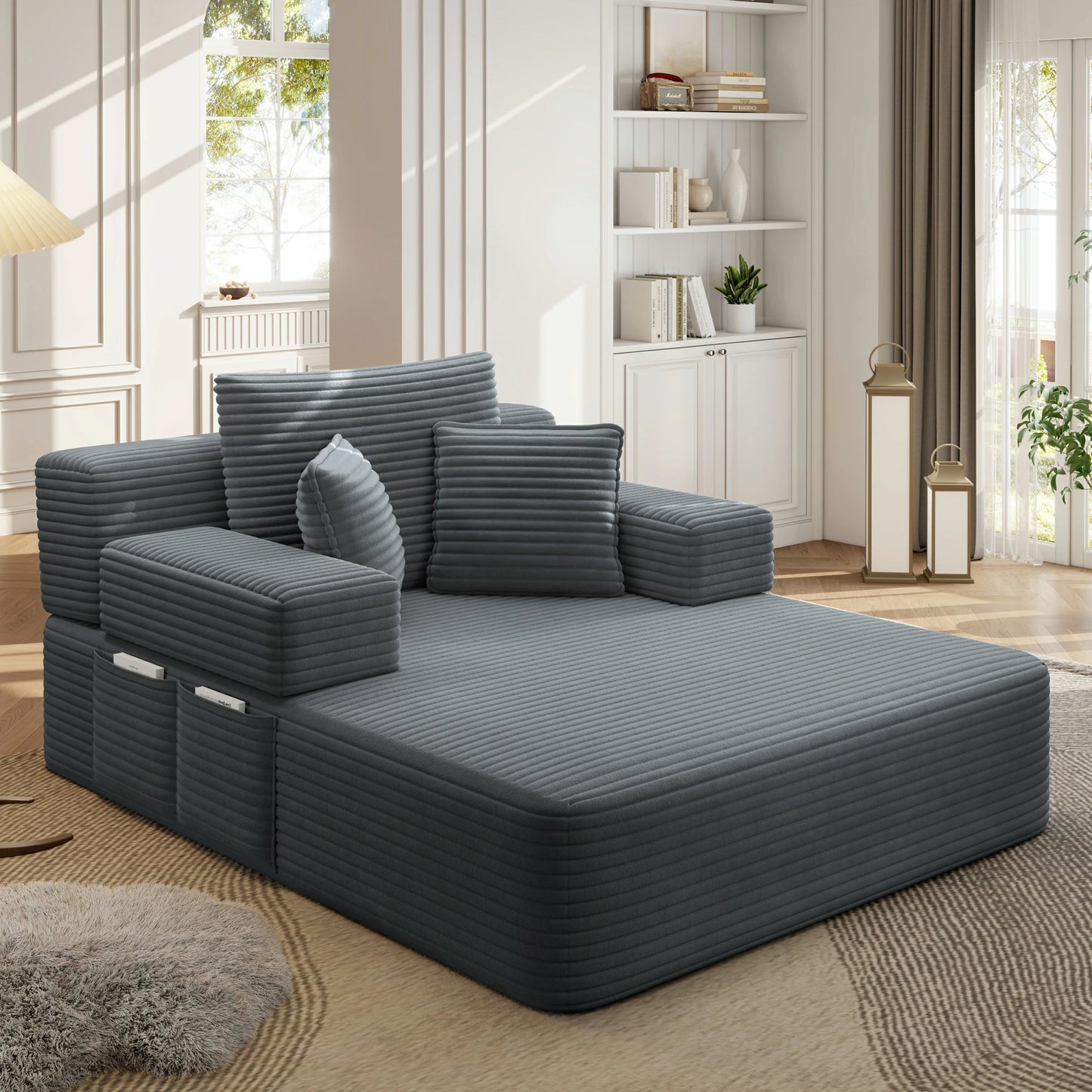 Plush Corduroy Chaise Lounge – Convertible Sofa Bed, Frameless