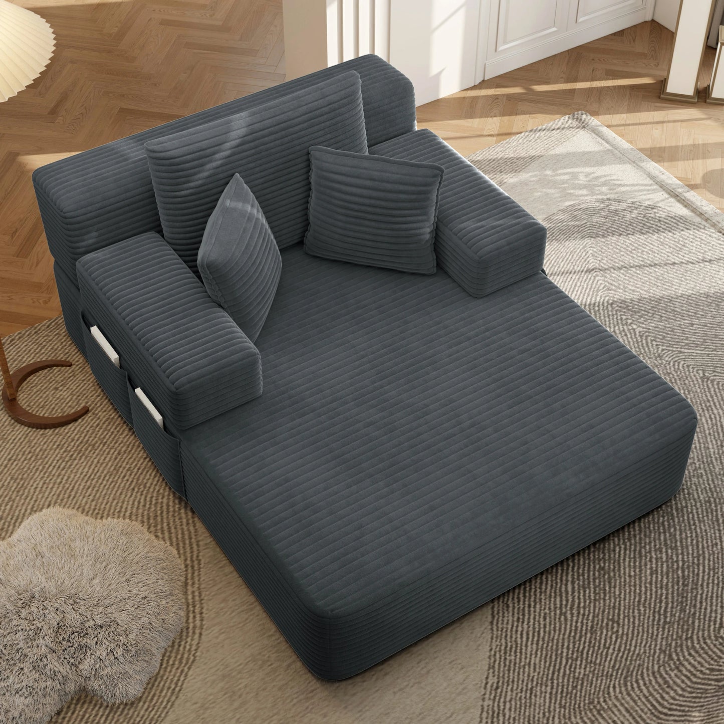 Plush Corduroy Chaise Lounge – Convertible Sofa Bed, Frameless