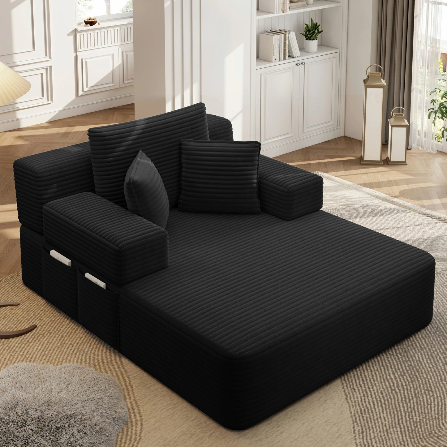 Plush Corduroy Chaise Lounge – Convertible Sofa Bed, Frameless