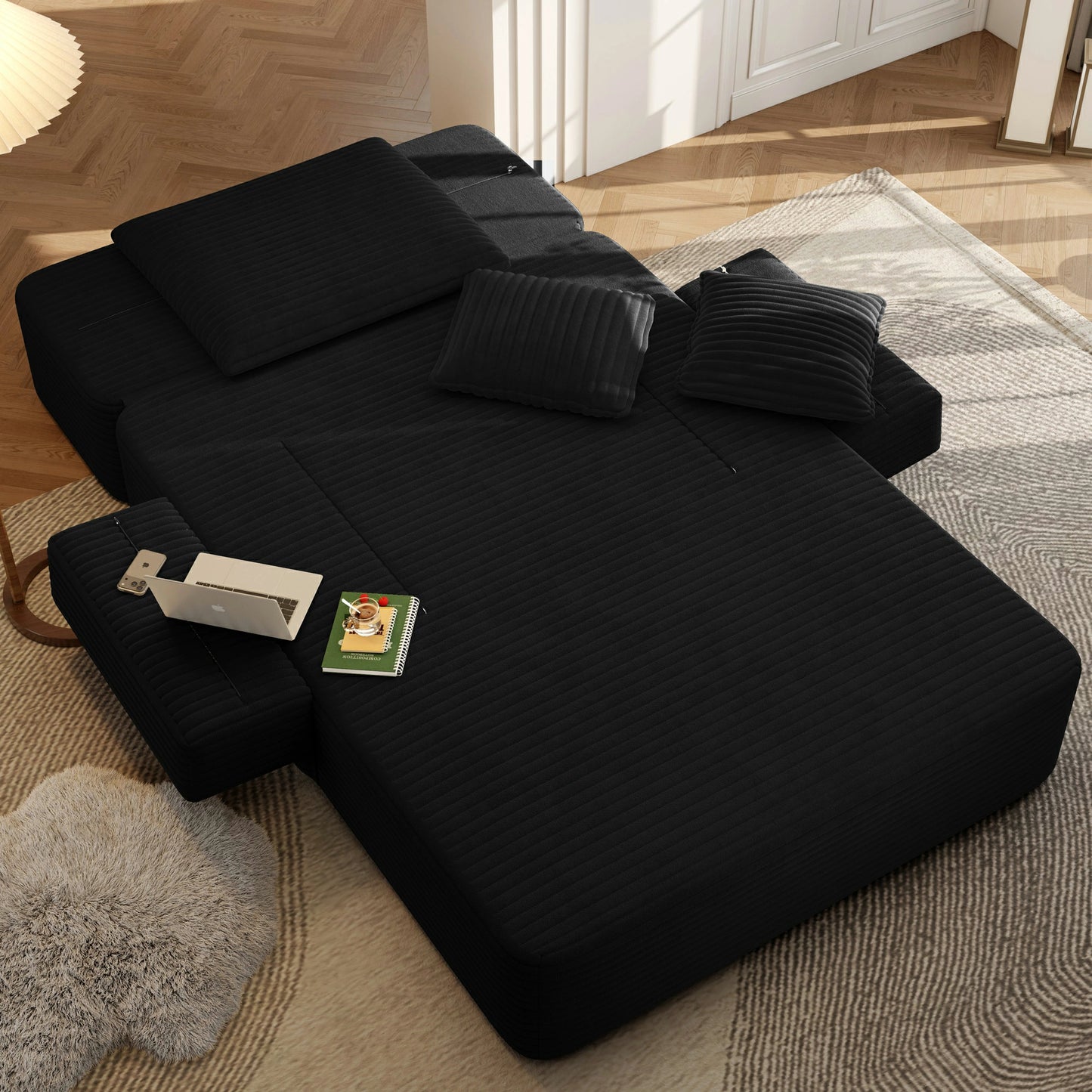 Plush Corduroy Chaise Lounge – Convertible Sofa Bed, Frameless