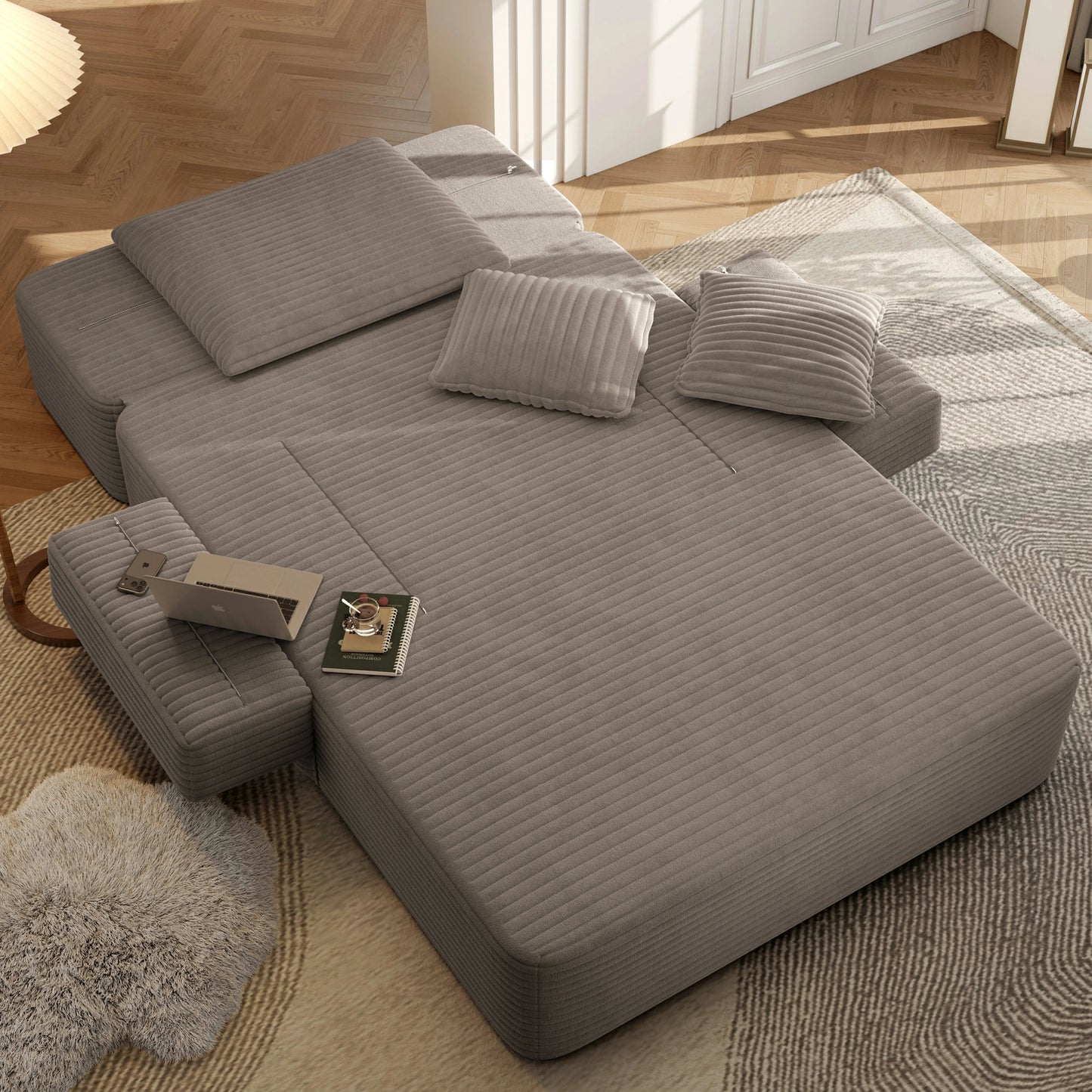 Plush Corduroy Chaise Lounge – Convertible Sofa Bed, Frameless