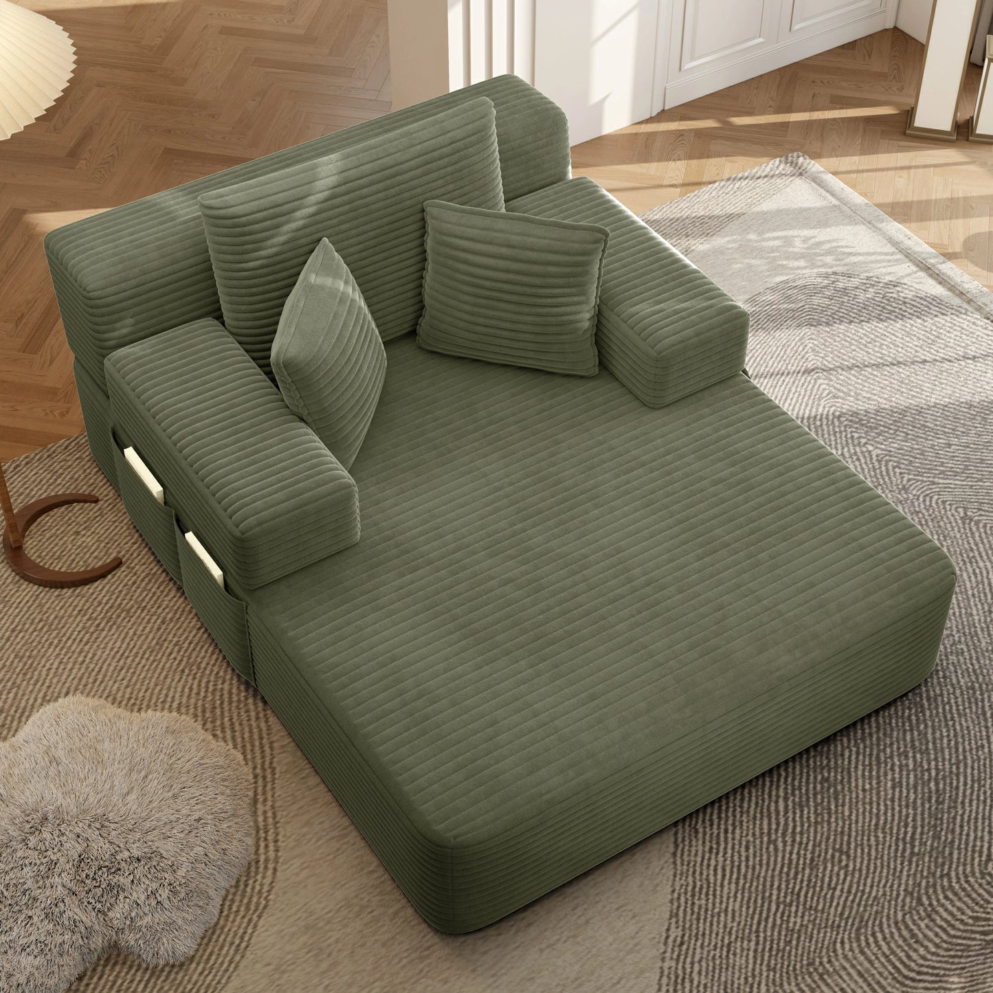 Plush Corduroy Chaise Lounge – Convertible Sofa Bed, Frameless