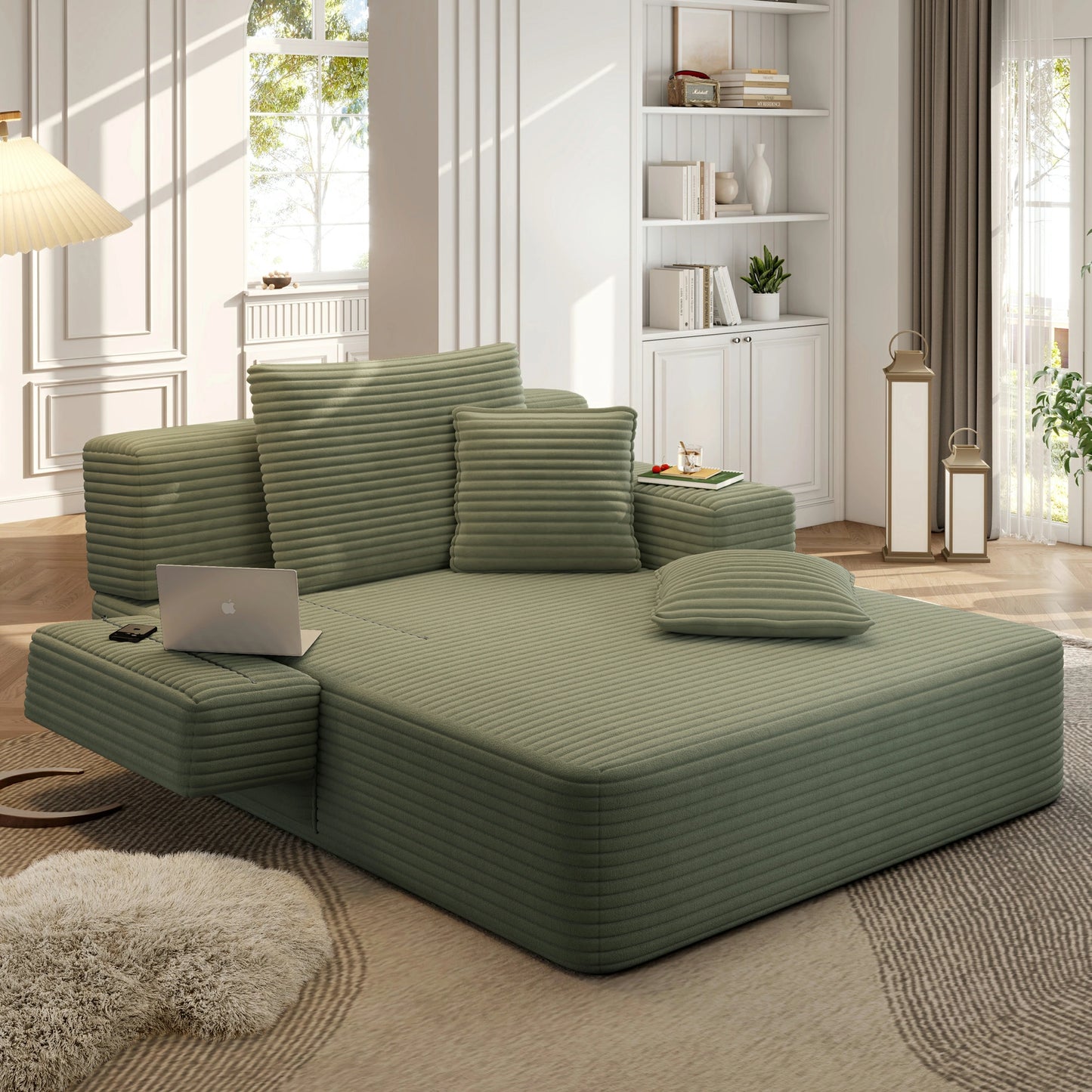 Plush Corduroy Chaise Lounge – Convertible Sofa Bed, Frameless