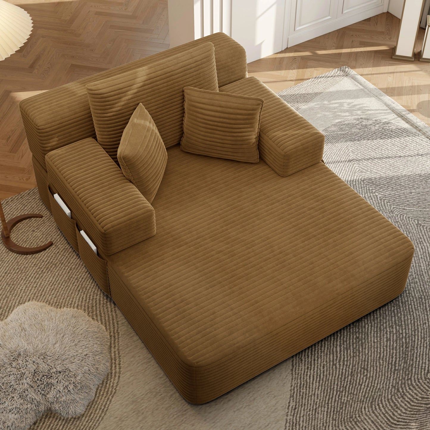 Plush Corduroy Chaise Lounge – Convertible Sofa Bed, Frameless