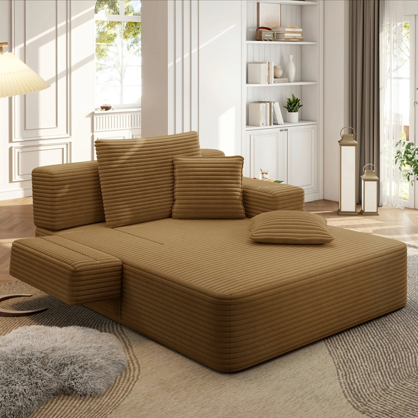Plush Corduroy Chaise Lounge – Convertible Sofa Bed, Frameless
