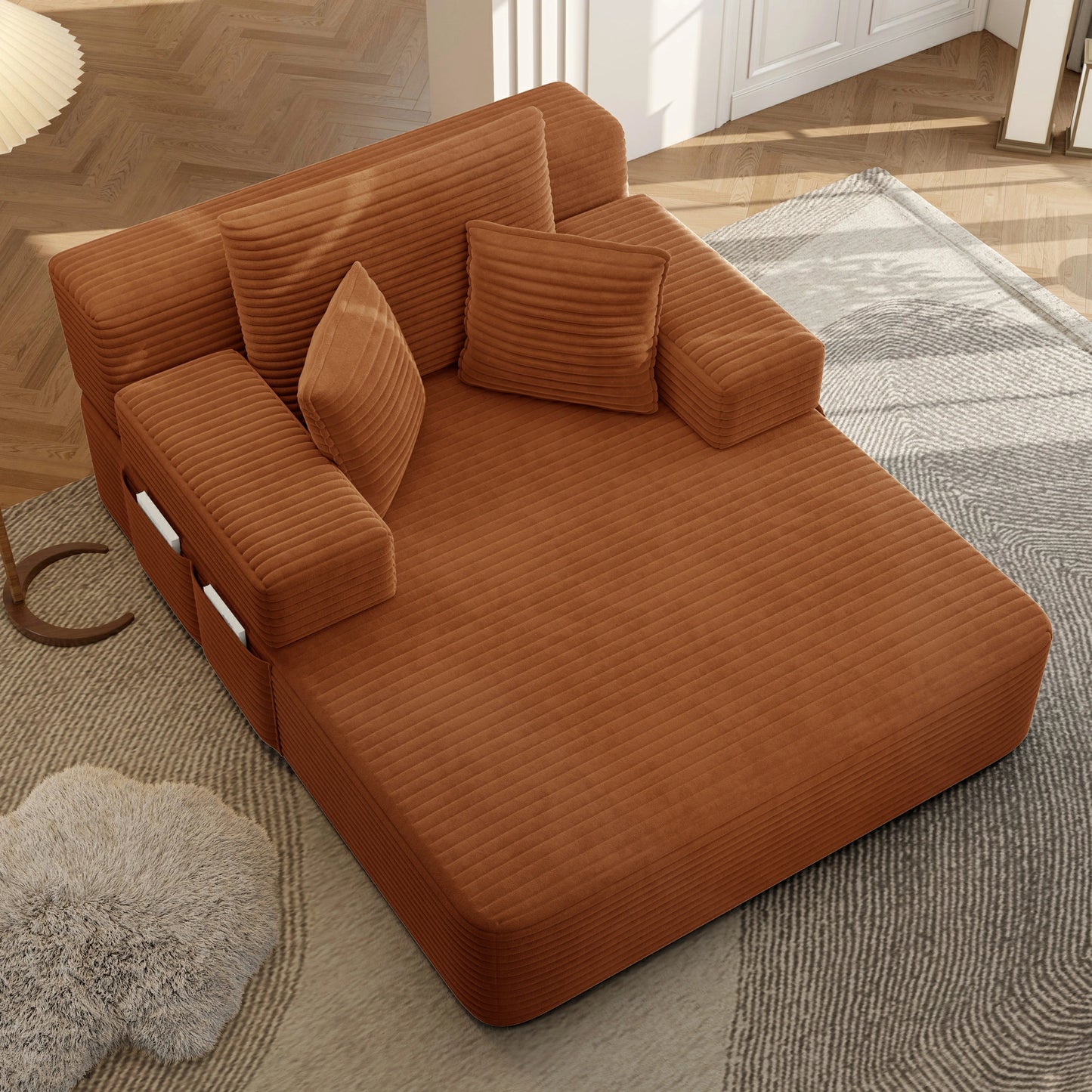 Plush Corduroy Chaise Lounge – Convertible Sofa Bed, Frameless